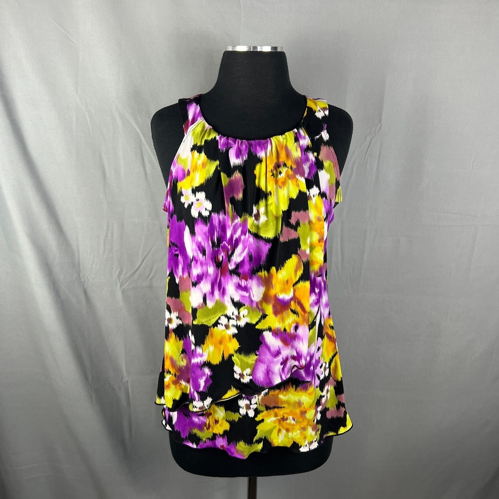 Carole Little Tank Top Women S Multicolor Floral Stretch Scoop Neck Draped Front
